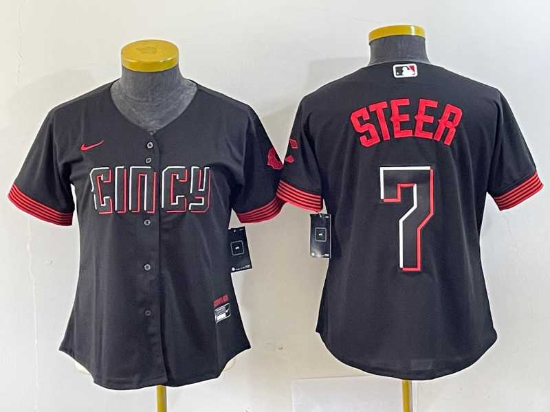 Women's Cincinnati Reds #7 Spencer Steer Black 2023 City Connect Cool Base Stitched Baseball Jersey,We sell and wholesale Women's Cincinnati Reds #7 Spencer Steer Black 2023 City Connect Cool Base Stitched Baseball Jersey on line form chian!
